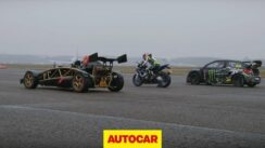 Ariel Atom V8 vs Rallycross Citroen DS3 vs BMW Superbike Drag Race