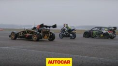Ariel Atom V8 vs Rallycross Citroen DS3 vs BMW Superbike Drag Race